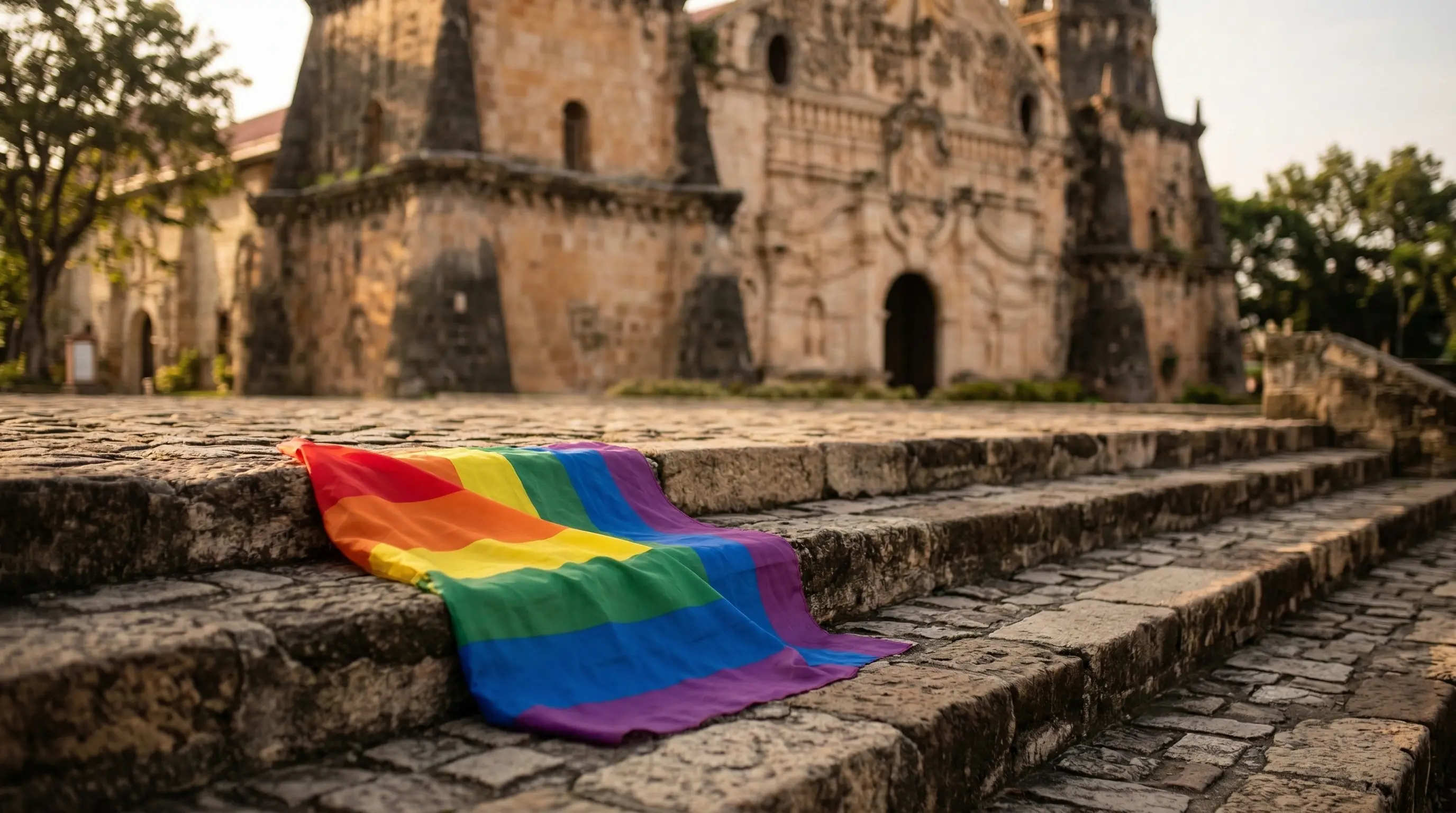 A rainbow Pride flag raised near the facade of a historic Catholic church