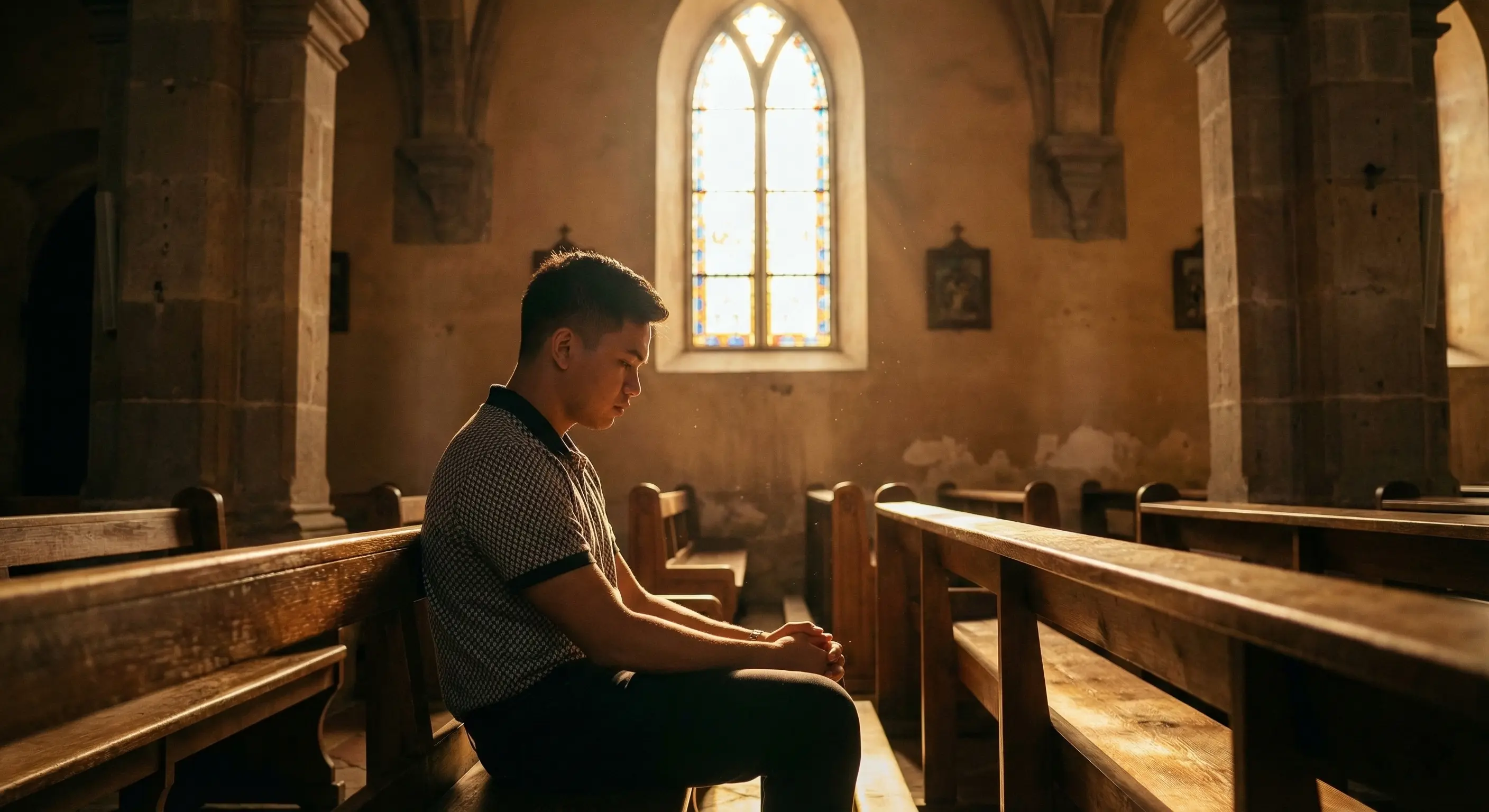 A young person sitting alone in a sunlit church pew, head bowed in quiet reflection
