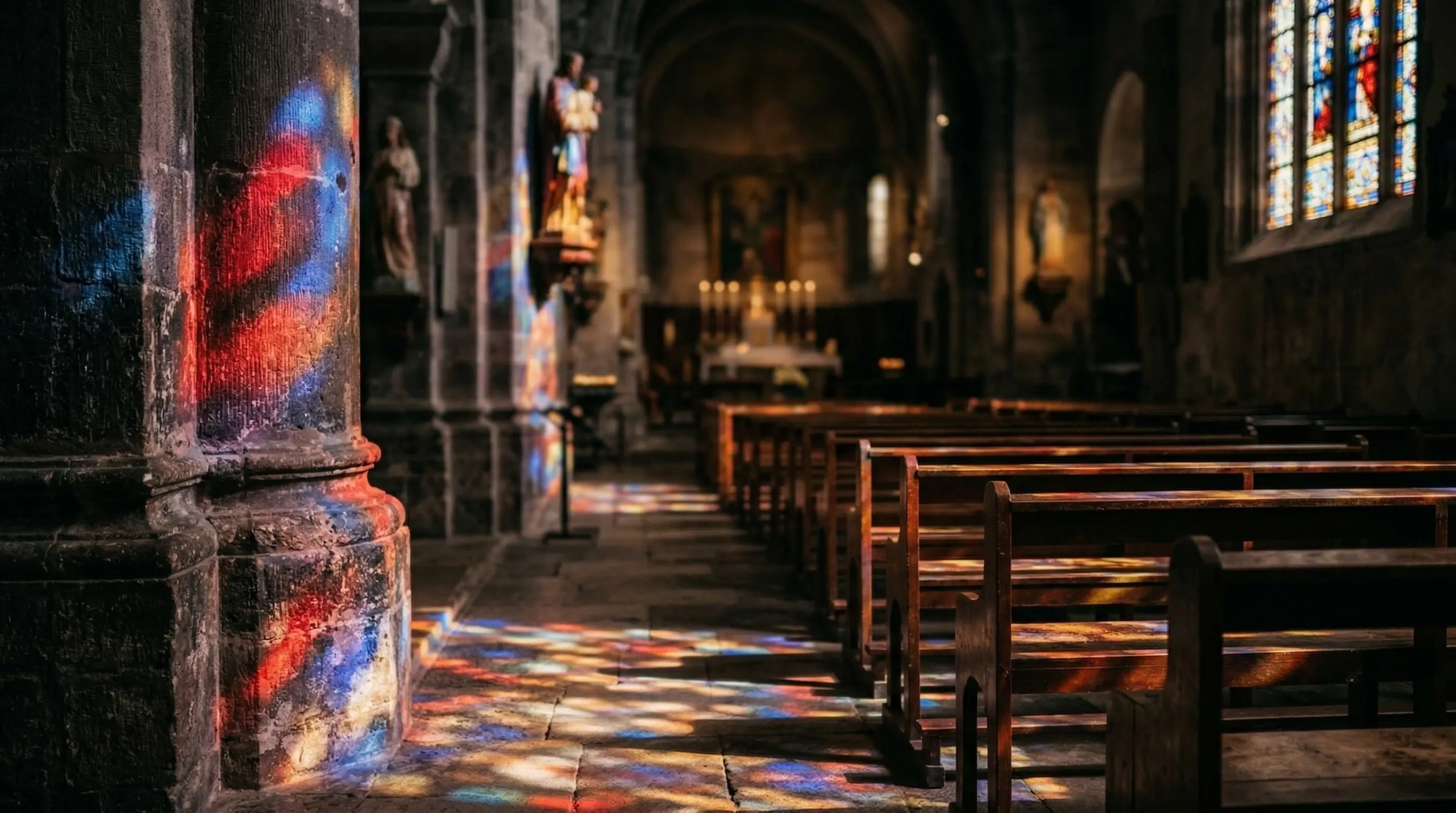 Vivid light cast through stained glass windows, painting patterns across a stone church floor